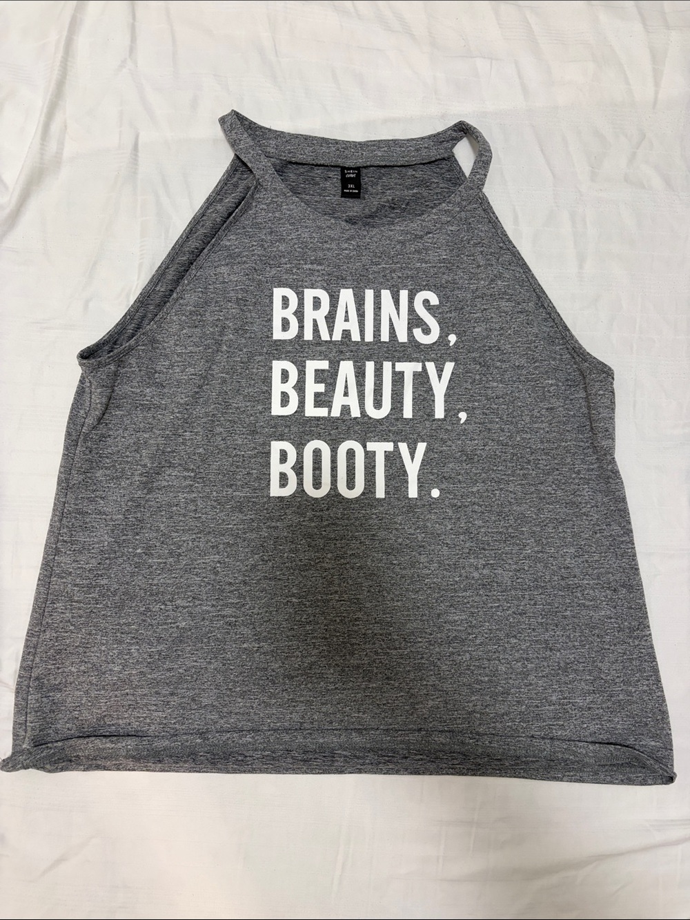 Women's SHEIN Curve Gray Graphic Halter Tank Top - 'Brains, Beauty, Booty.'